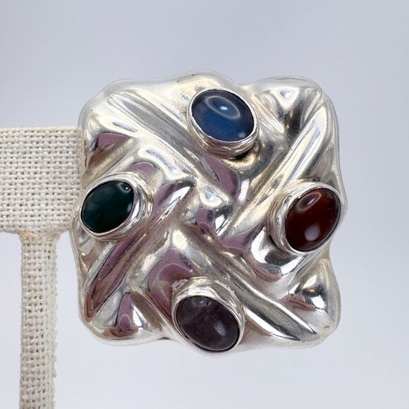 Sterling Silver 925 Multicolor Gemstone Puffed Clip On Earrings 1.25" Length - Picture 5 of 10